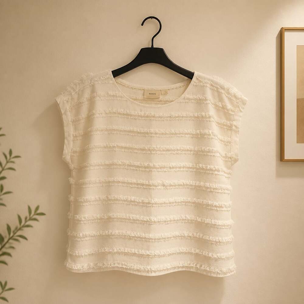 Maeve by Anthropologie Textured Stripe Fringe Top, Off-White, Size 12